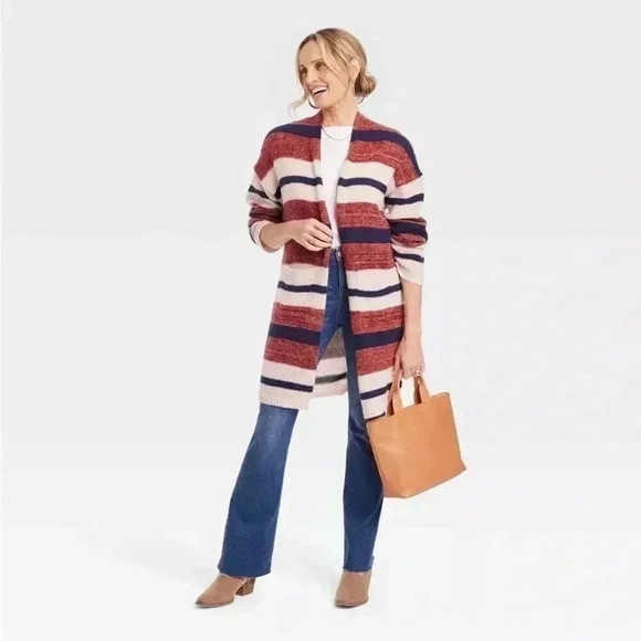 Knox Rose Sweaters - Knox Rose Women's Open Front Cardigan striped Boho casual, blue, red & cream